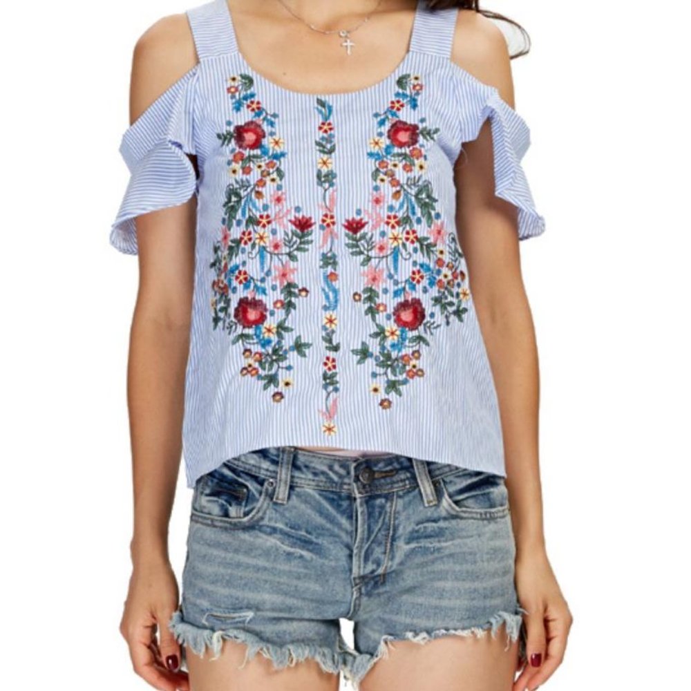 off shouder floral embroidery striped top